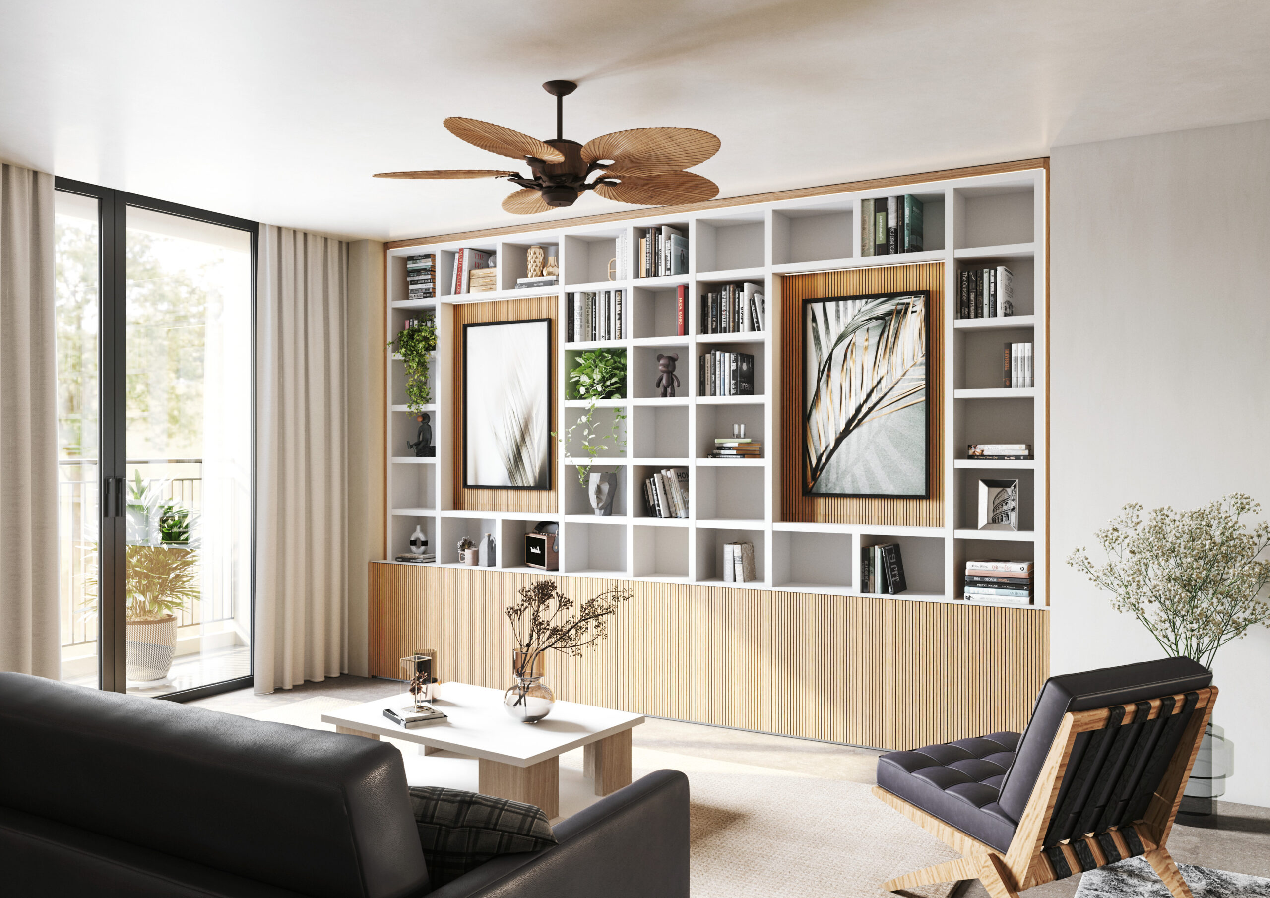 Intérieur élégant avec une bibliothèque sur mesure blanche et bois intégrée, décorée de livres, plantes et cadres artistiques, située dans un salon lumineux avec mobilier contemporain.
