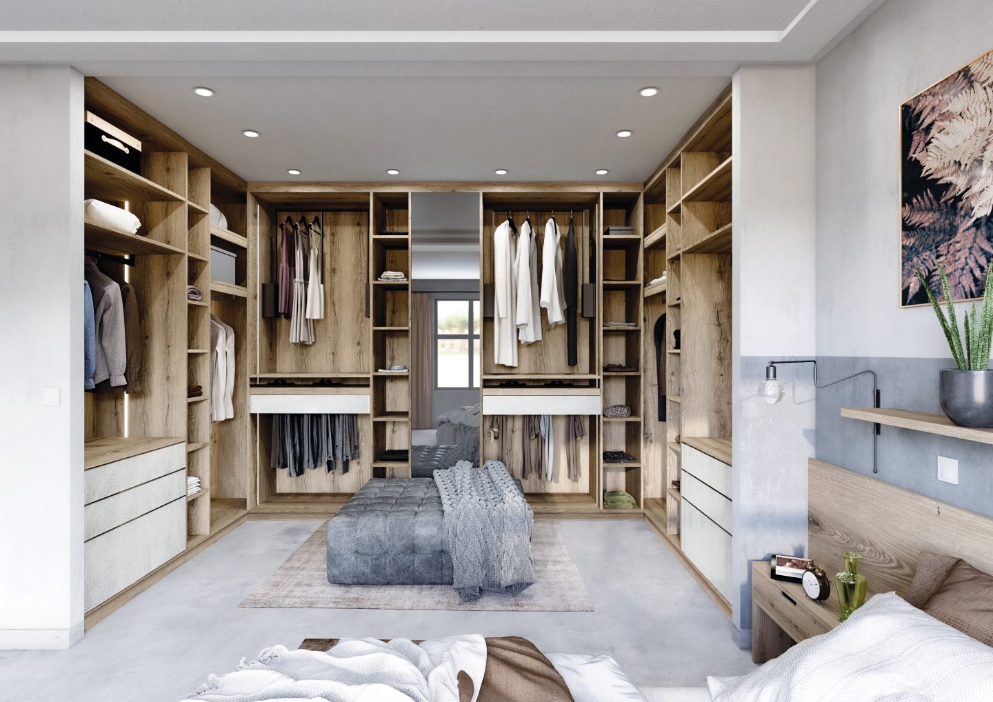 Dressing ouvert en bois clair intégré dans une chambre moderne, avec étagères, penderies et tiroirs conçus pour un rangement pratique et esthétique.