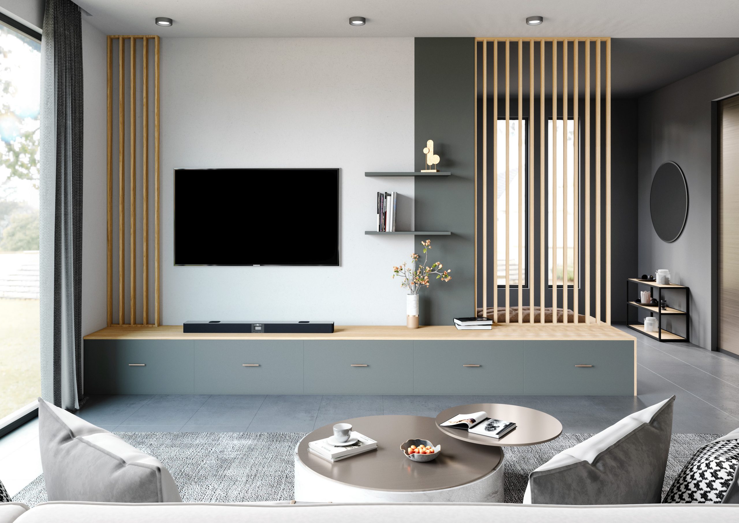Meuble TV salon sur mesure avec claustra - Design d'intérieur