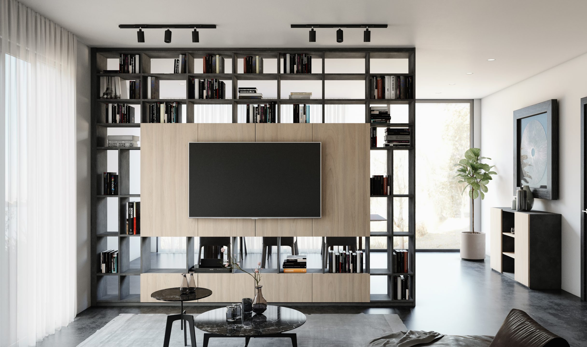 Meuble TV de séparation avec bibliothèque sur mesure - Design intérieur