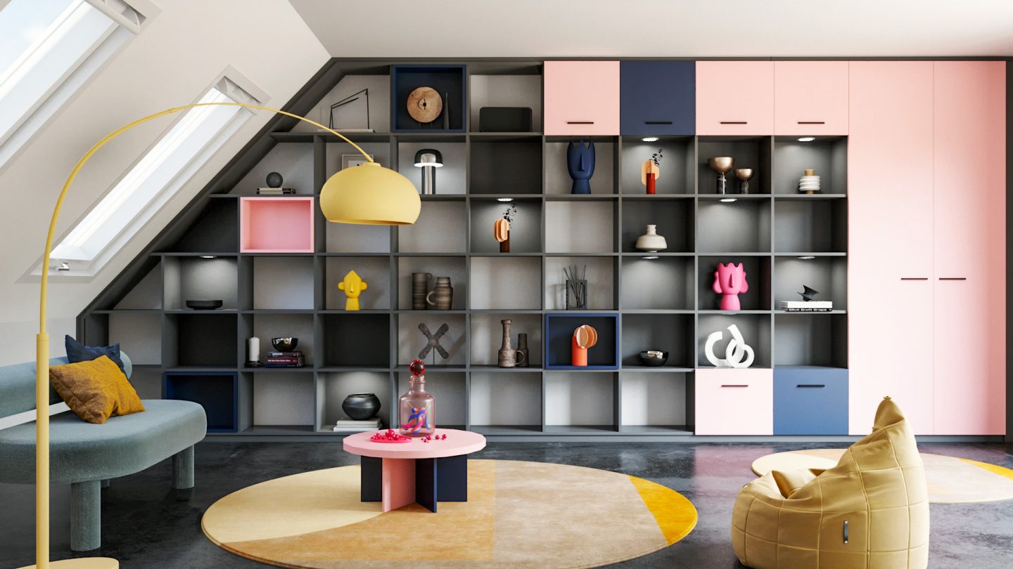 Bibliothèque sur mesure occupant tout un mur, offrant une solution de rangement optimisée pour un salon moderne. L’aménagement bibliothèque mélange des niches ouvertes et des portes fermées, combinant design et fonctionnalité pour un agencement réussi.