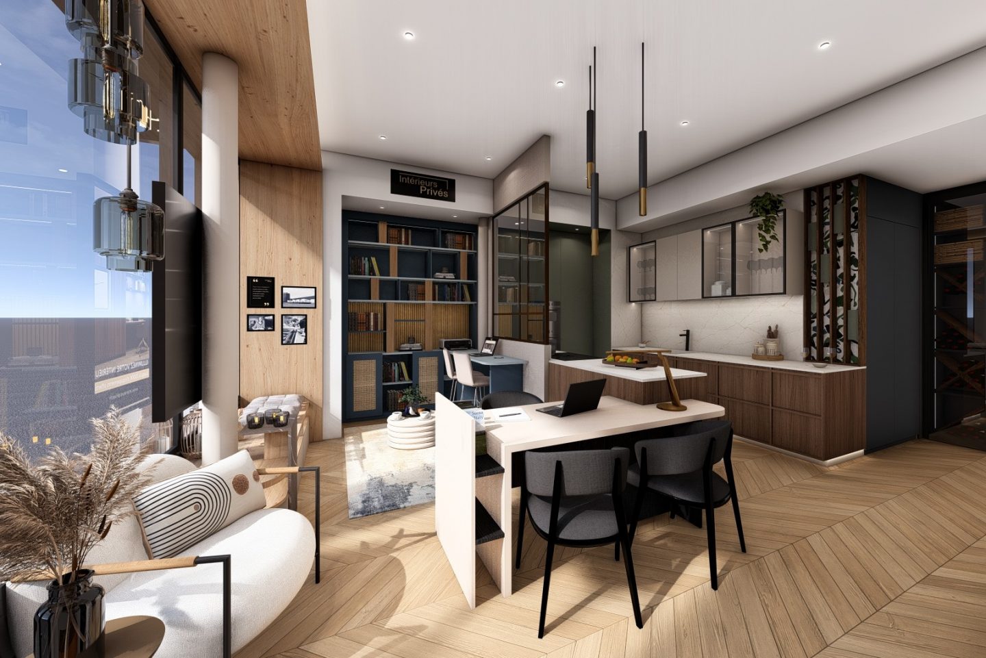 L'image présente l’intérieur du magasin Intérieurs Privés situé dans le 6ème arrondissement de Paris, mettant en avant une ambiance chaleureuse et sophistiquée. On y découvre un coin salon cosy avec des fauteuils design, une bibliothèque élégante, ainsi qu’un espace cuisine moderne et fonctionnel. L’ensemble reflète l’esprit parisien du magasin, alliant confort, esthétique et fonctionnalité dans un cadre accueillant.