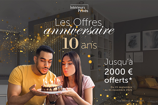 Intérieurs Privés fête ses 10 ans ! À l’occasion de cet anniversaire exceptionnel, profitez de jusqu’à 2000 € offerts sur vos projets d’aménagement intérieur. Cuisines, dressings, salons… donnez vie à toutes vos envies avec des solutions sur mesure qui allient design, fonctionnalité et élégance.
