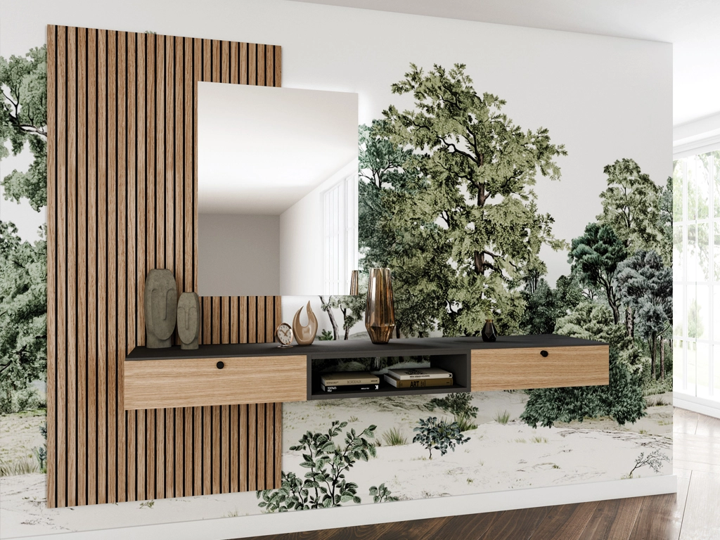 Cette console murale élégante associe un panneau décoratif en bois rainuré, un miroir géométrique et des tiroirs fonctionnels. Parfaite pour un hall d’entrée ou un salon, elle sublime l’espace grâce à sa composition graphique et son mariage de matériaux naturels avec une touche contemporaine.
