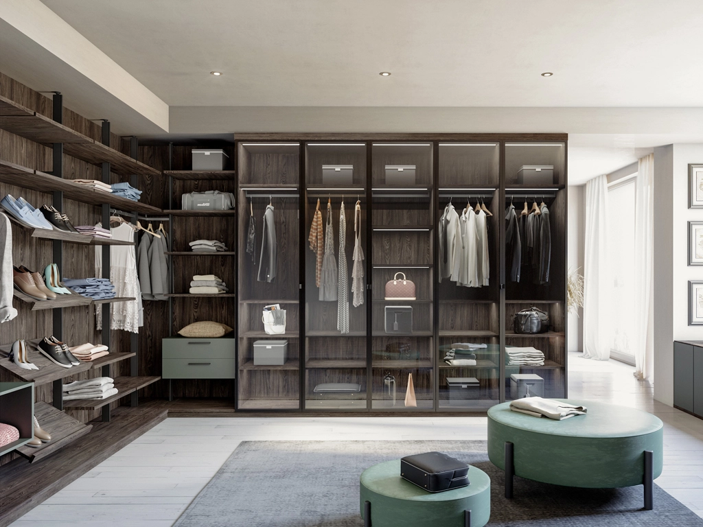 Ce dressing ouvert, conçu en bois foncé avec modules sur-mesure et portes vitrées, offre une organisation optimale pour vêtements et accessoires. Sa conception moderne composée d’étagères, tiroirs et penderies, apporte du cachet à la chambre tout en facilitant le quotidien grâce à une visibilité totale sur le contenu.