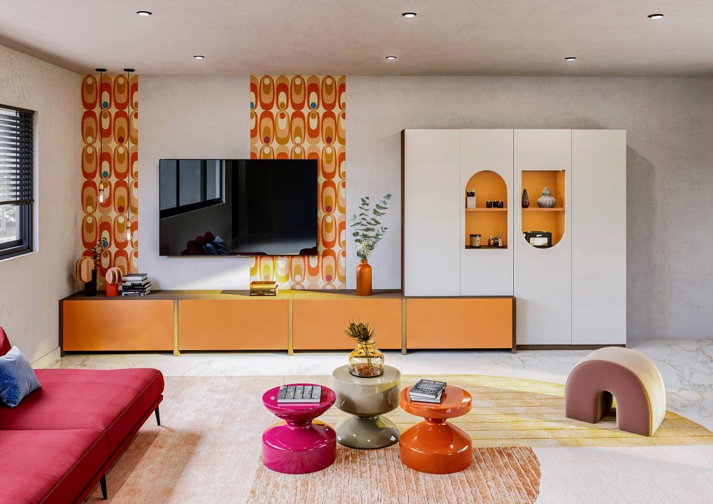 Un salon audacieux inspiré des années 70, où le orange, le rouge et le doré composent une ambiance chaleureuse et vitaminée. Le mobilier sur mesure Intérieurs Privés structure l’espace avec des lignes arrondies et des finitions contemporaines, pour une interprétation actuelle du Pop Revival.