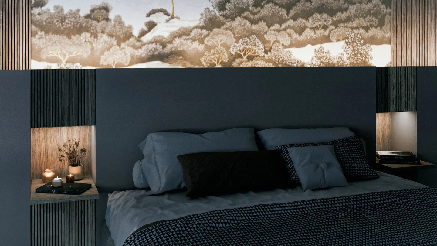 Éclairage indirect et atmosphère zen pour cette tête de lit sur mesure dans l’esprit Japandi. L’éclairage intégré valorise les panneaux rainurés et crée une ambiance reposante propice à la détente.