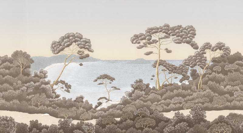 Papier peint Port-Cros d’Isidore Leroy, motif végétal beige et gris doux inspiré de la nature, idéal pour un intérieur Japandi.