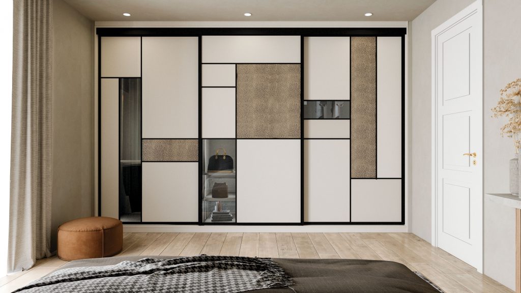 Placard coulissant sur mesure composé de panneaux graphiques inspirés de Mondrian, en teintes sable et beige, encadrements noirs et décors texturés. Un aménagement élégant mêlant lignes épurées, matières naturelles et rangements intégrés pour sublimer une chambre contemporaine.