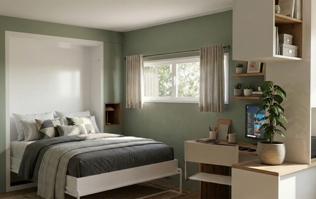 Lit escamotable parfaitement intégré dans une chambre d’ami servant également de bureau - invisibilité totale en position fermée - création Intérieurs Privés