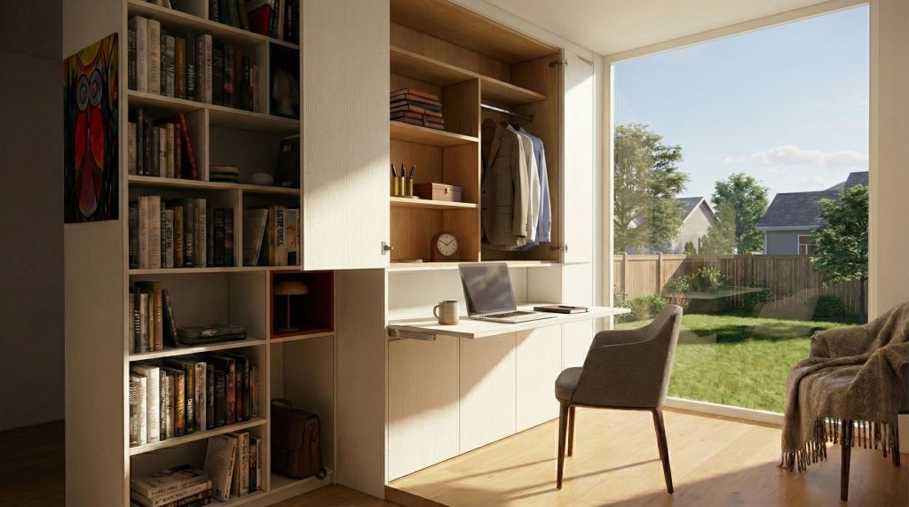 Un meuble multifonction intégrant placards de rangements, bureau rectractable et bibliothèque moderne - conçu par Intérieurs Privés Rennes