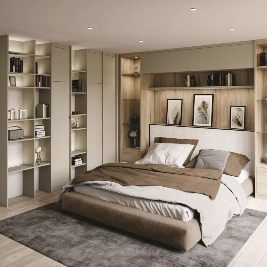 Chambre avec aménagement sur mesure, tête de lit intégrée, bibliothèques et placards autour du lit