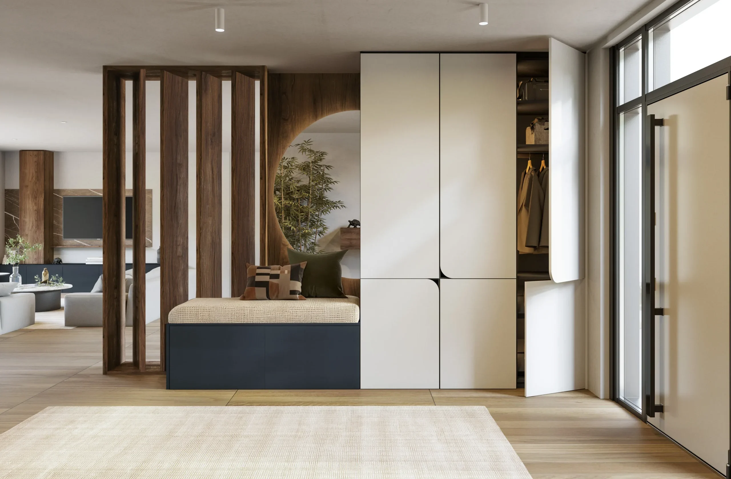 Aménagement sur-mesure d’entrée avec placards intégrés, banquette, claustra en bois et rangements toute hauteur dans un intérieur contemporain.