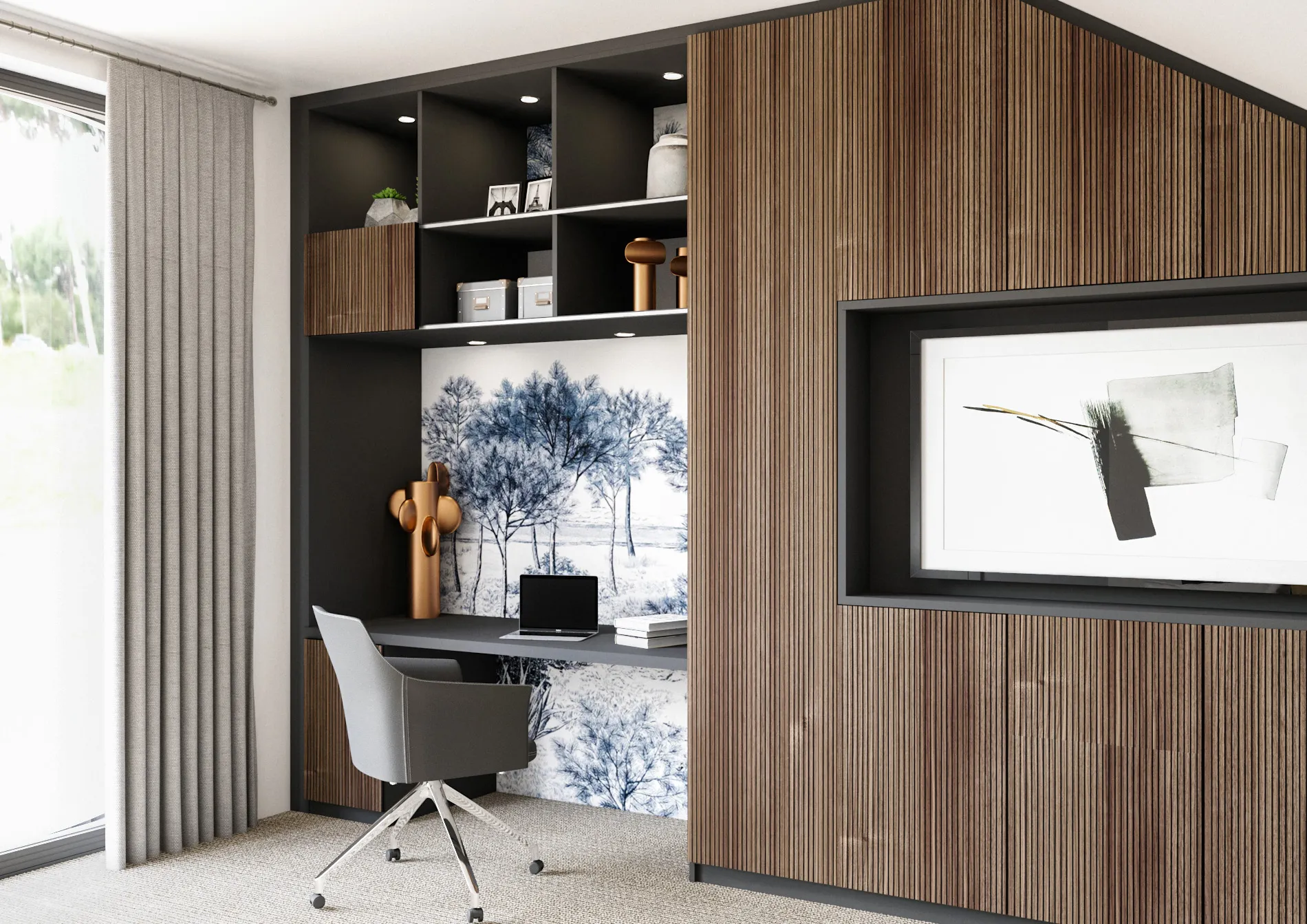 Bureau sur-mesure intégré avec rangements bois rainuré, niches noires et espace de travail contemporain.