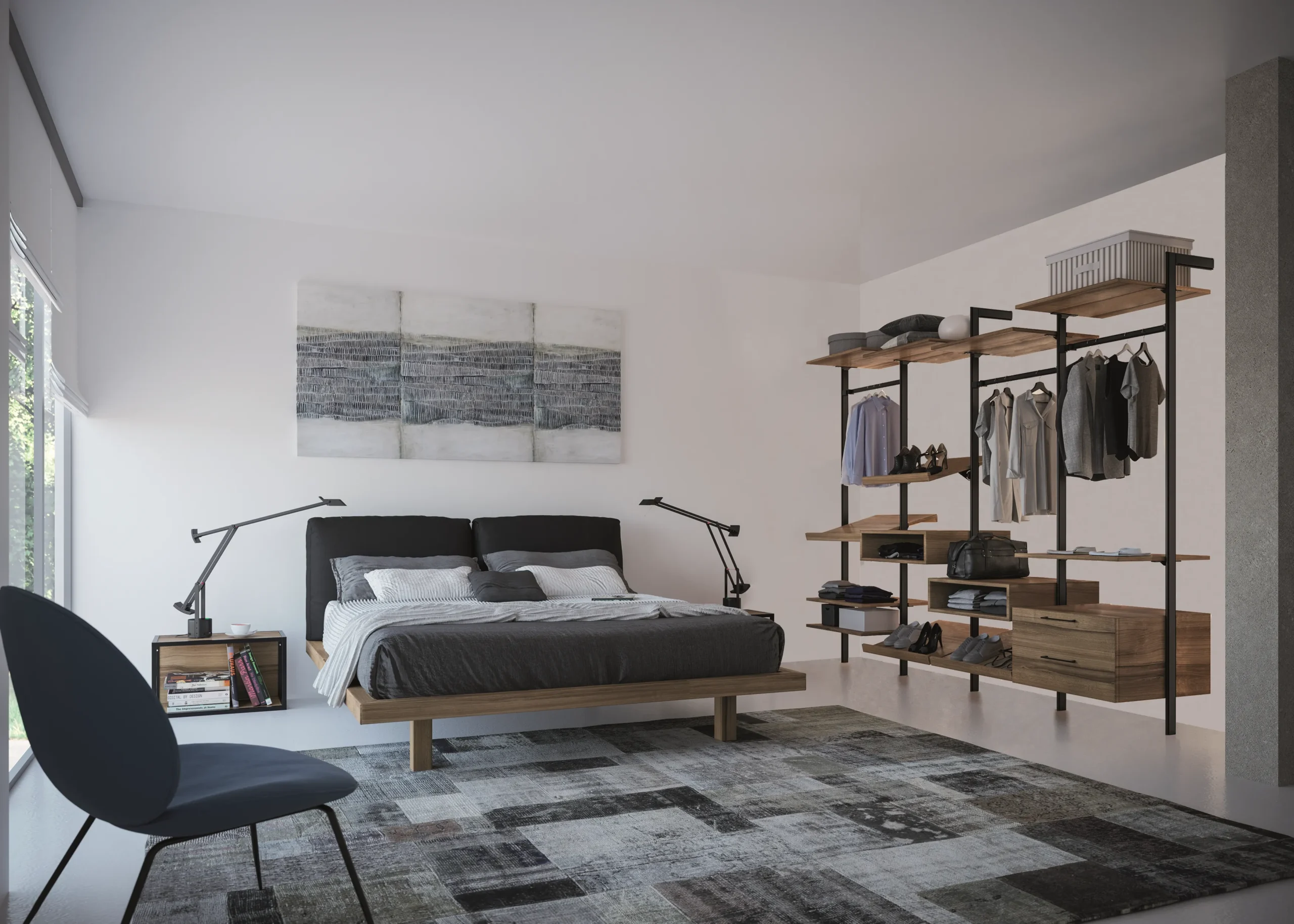 Chambre avec dressing ouvert sur-mesure, structure murale noire, étagères bois et espace de rangement intégré.