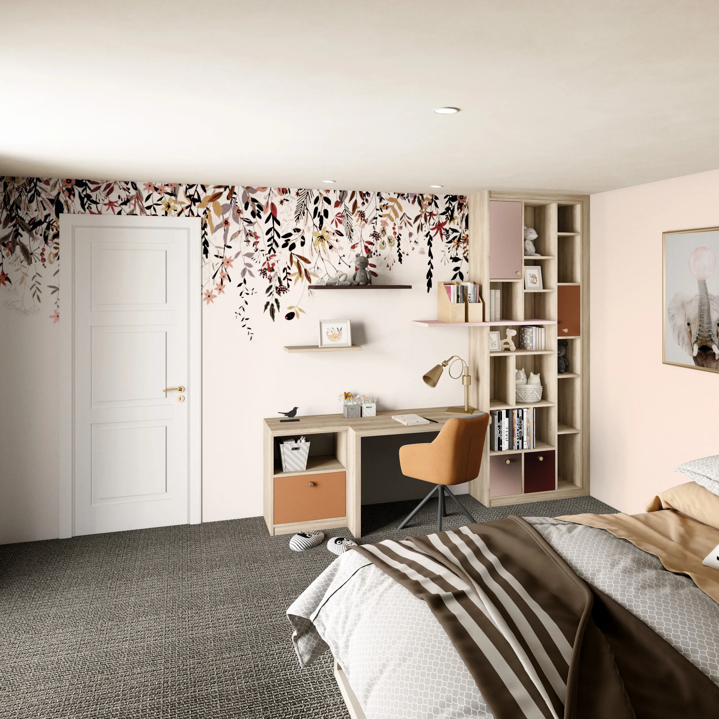 Chambre d’enfant aménagée avec bureau sur mesure, bibliothèque intégrée, rangements colorés et papier peint végétal.