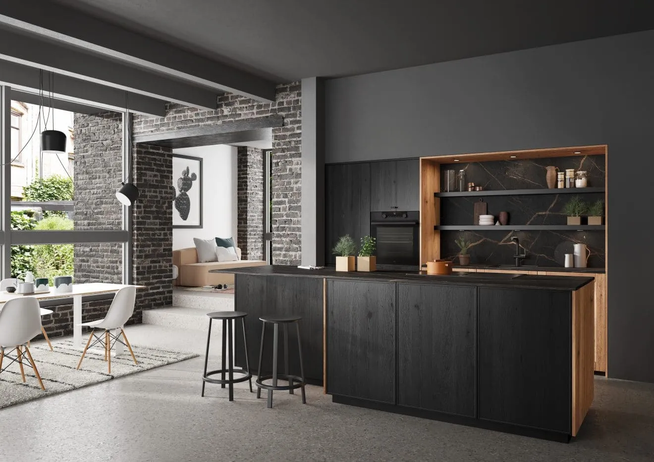 Cuisine sur mesure noire et bois avec îlot central, niche éclairée, étagères murales et crédence effet pierre dans un intérieur industriel.