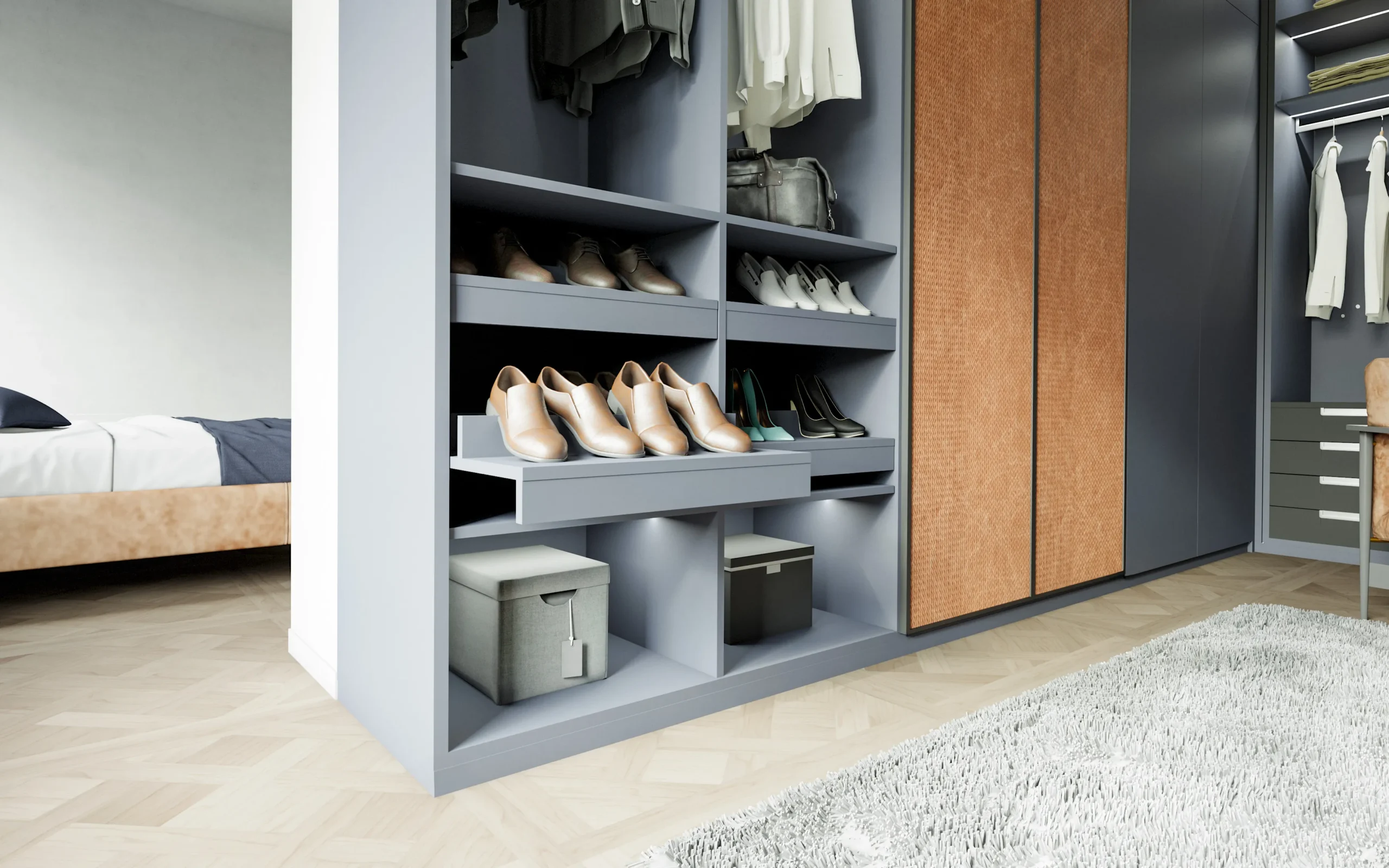 Dressing ouvert sur-mesure avec étagères à chaussures, penderie, façades texturées et rangements intégrés.