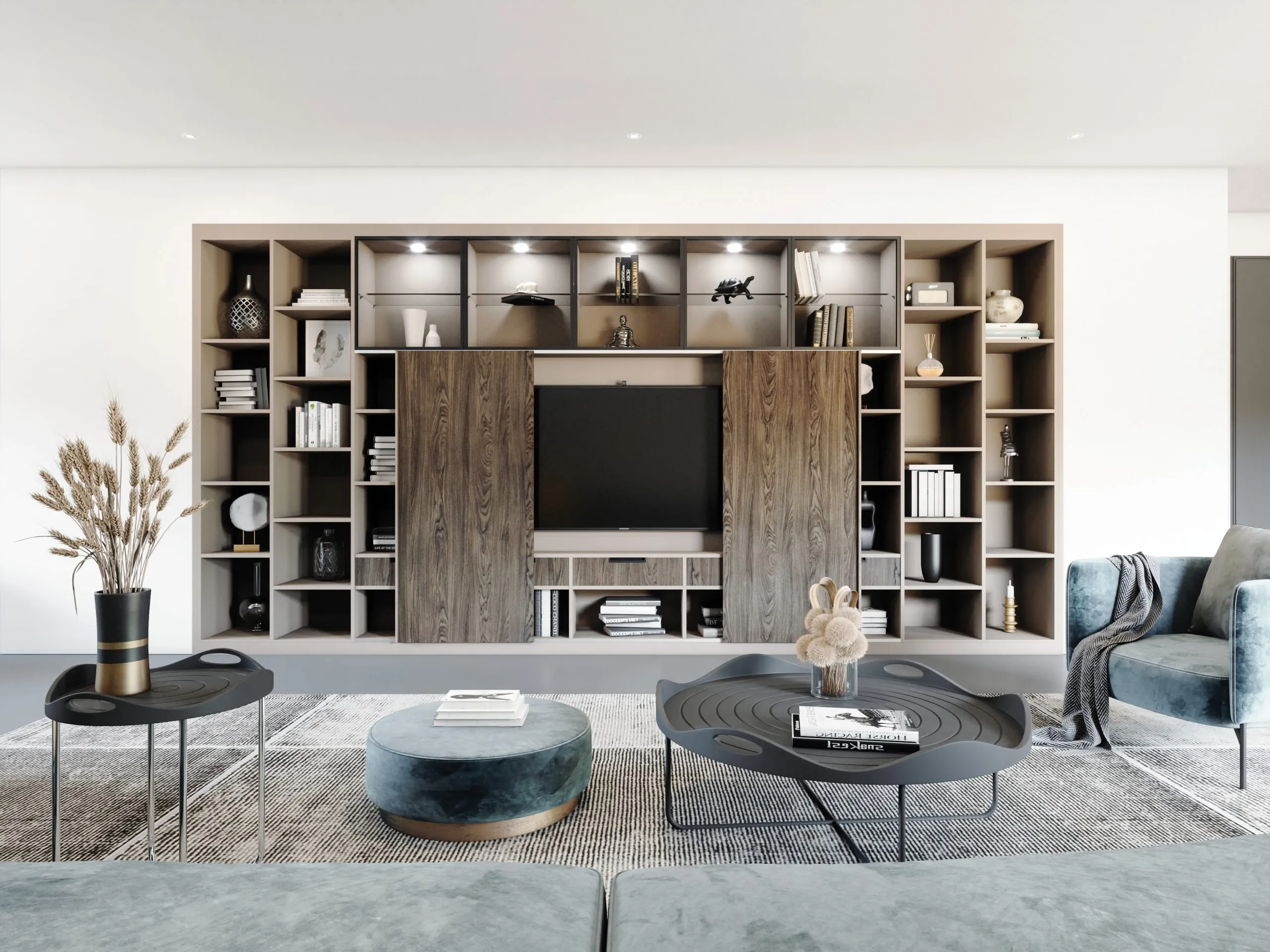 Meuble TV bibliothèque sur mesure avec niches ouvertes, portes décor bois et éclairage intégré dans un salon contemporain.