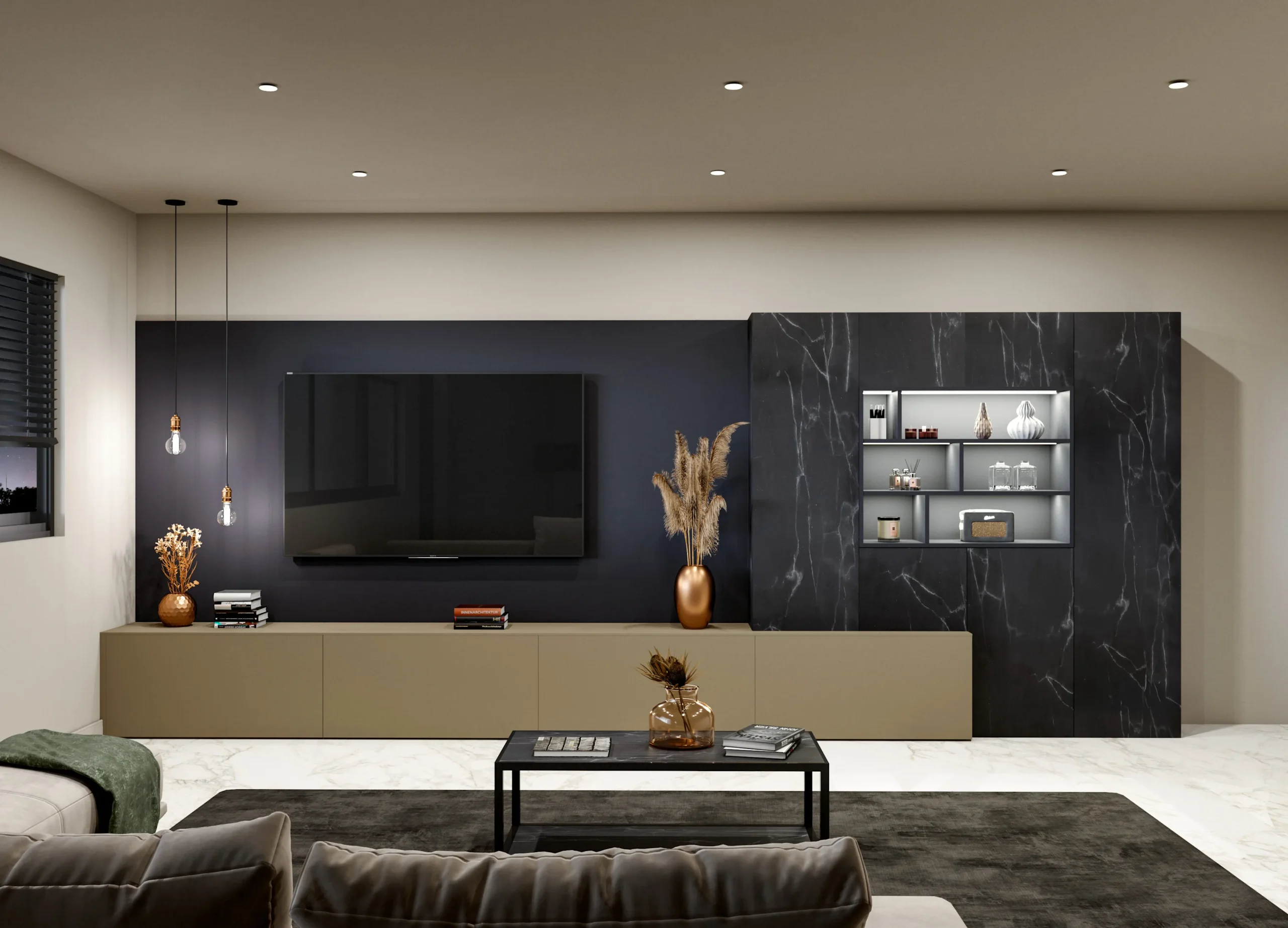 Meuble TV sur mesure avec rangements bas, niches décoratives éclairées et grandes façades effet pierre noire dans un salon contemporain.