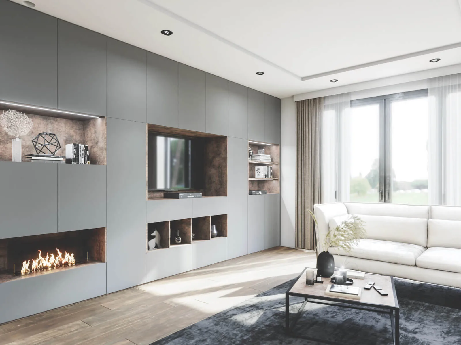 Meuble TV sur mesure gris avec cheminée intégrée, niches décor bois et rangements muraux dans un salon lumineux.