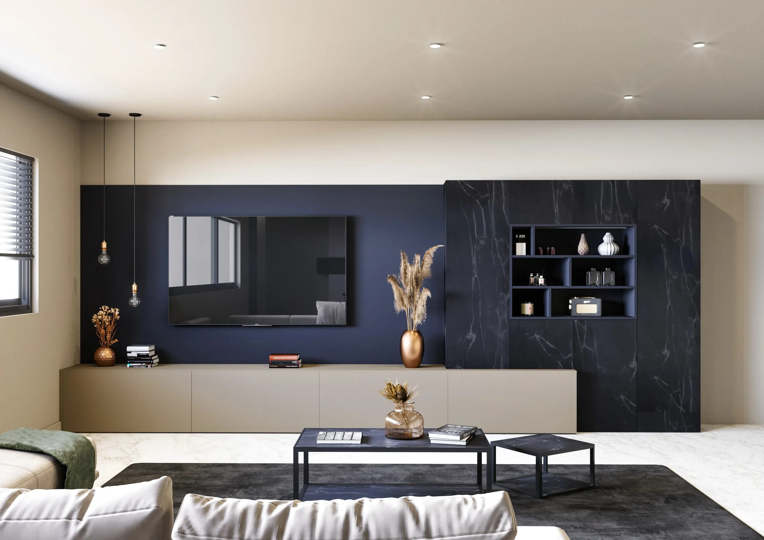 Meuble TV sur mesure dans un salon contemporain, avec rangements bas, panneau mural sombre et colonne décor effet pierre noire.