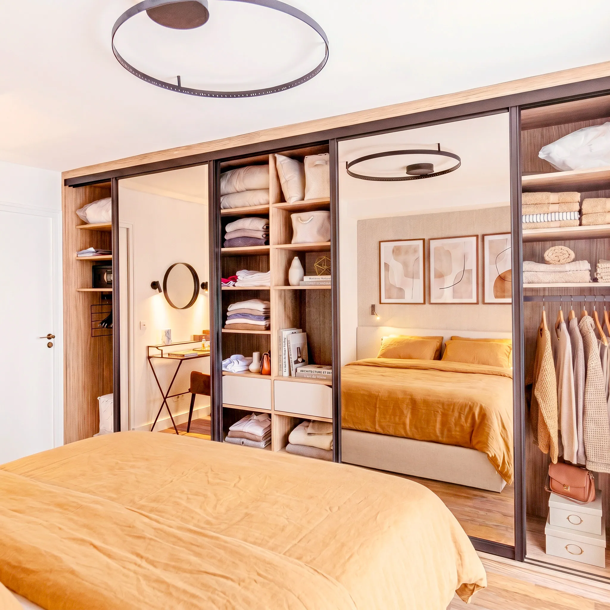 Dressing sur-mesure toute largeur avec portes miroir coulissantes, penderie, niches ouvertes et rangements en bois dans une chambre parentale.