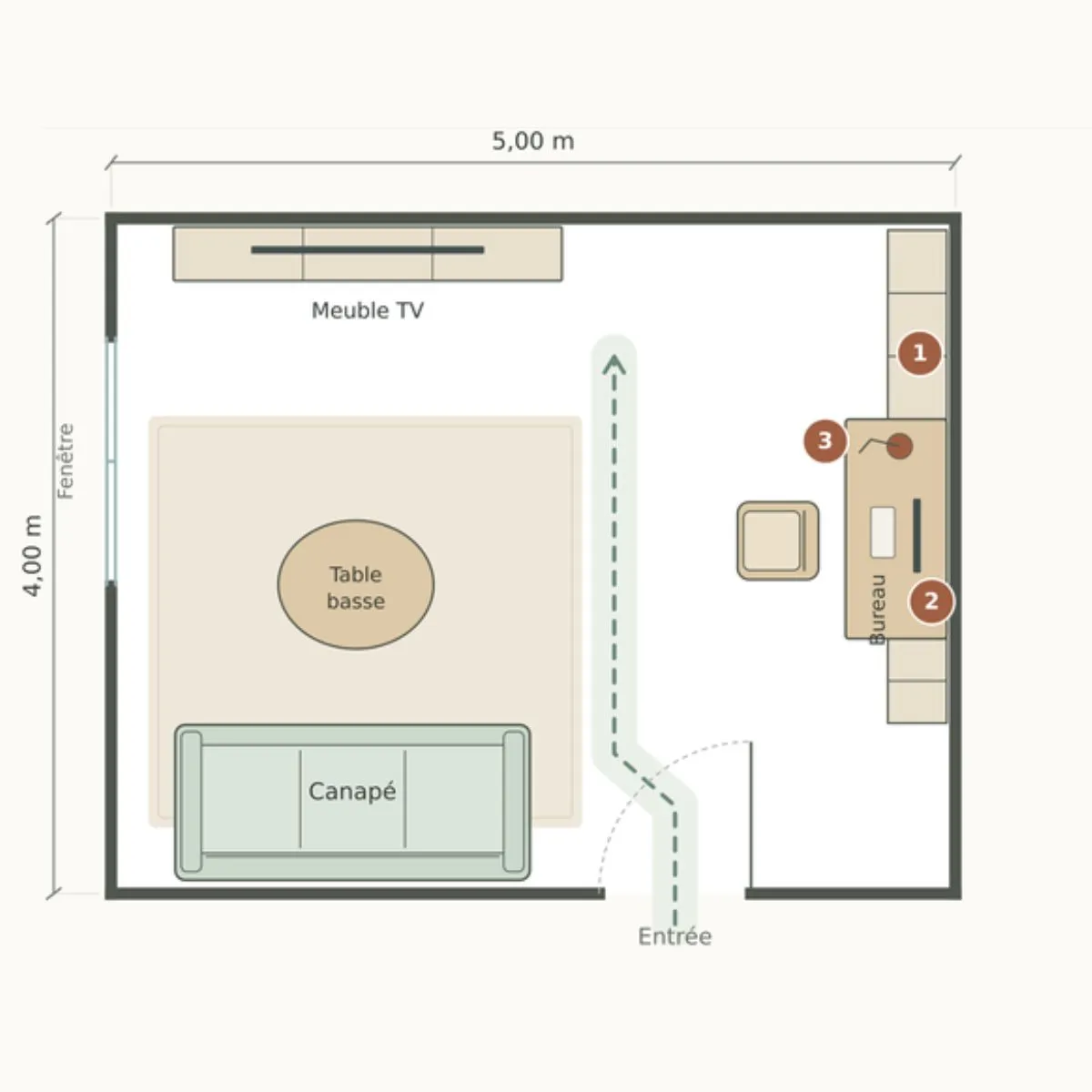 Plan d’aménagement d’un salon de 20 m² avec un bureau intégré à un ensemble de rangements, un espace TV et une zone salon distincte.