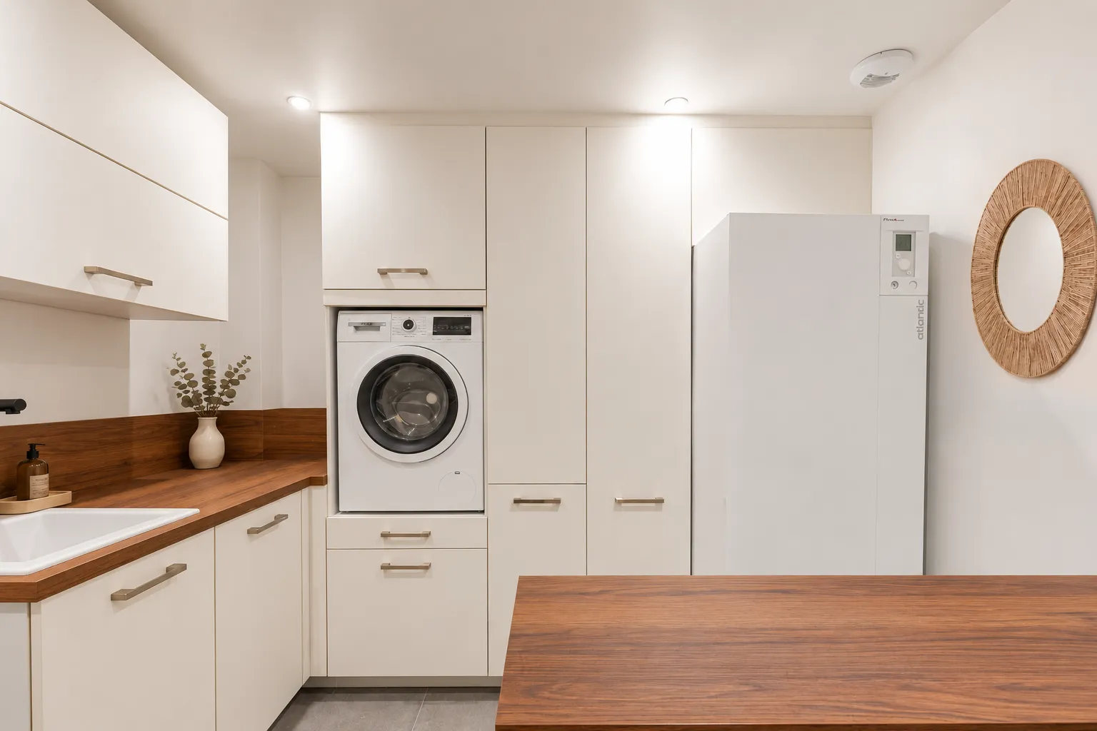 Aménagement sur-mesure d’une buanderie avec colonnes de rangement, lave-linge intégré, plan de travail bois et espace technique, réalisé par Intérieurs Privés Vannes.