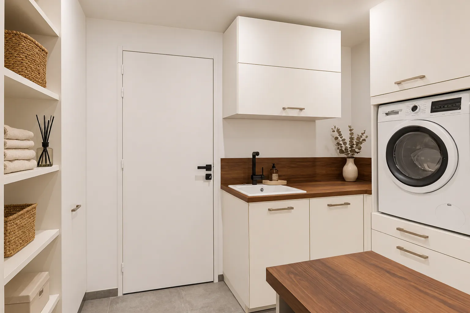 Buanderie sur-mesure blanche avec évier, plan de travail effet bois, rangements hauts et lave-linge intégré, réalisée par Intérieurs Privés Vannes.